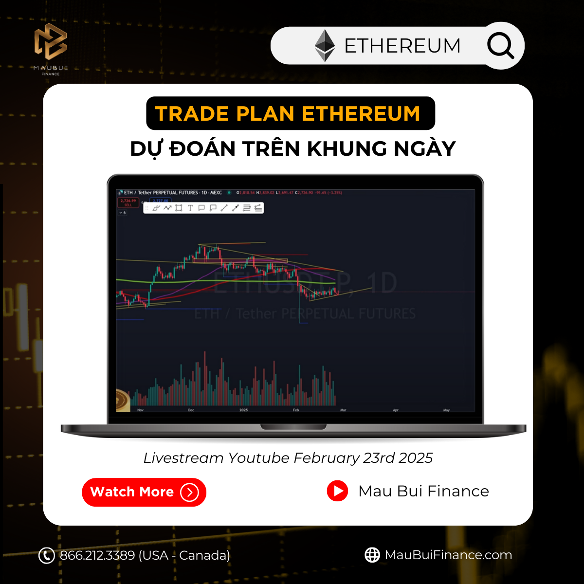 Trade plan Swing (trung hạn) ETH của CEO Mau Bui trong Livestream Youtube Sunday February 23rd, 2025