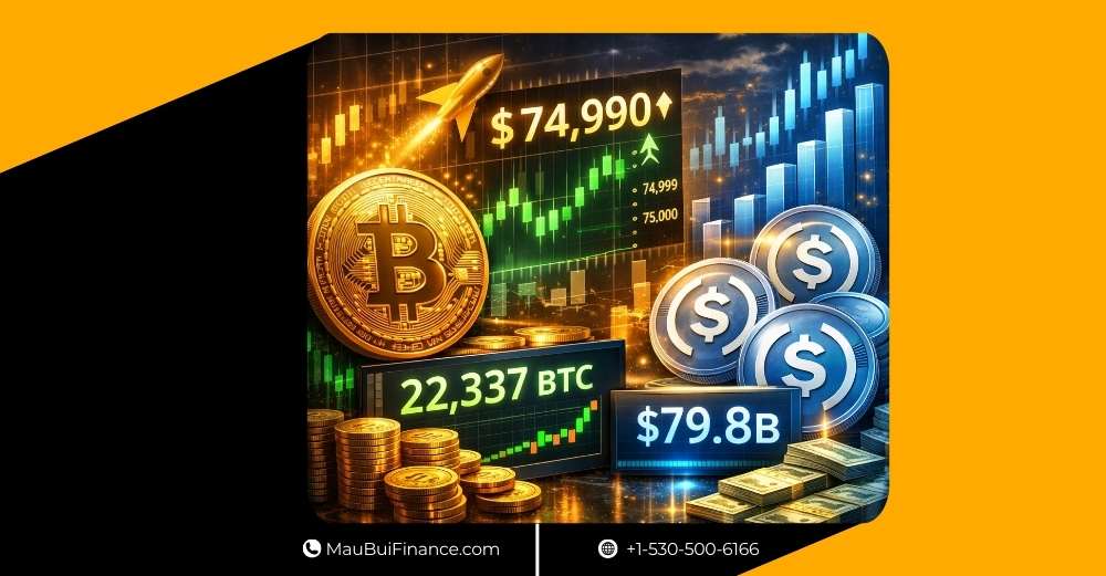 Bitcoin áp sát 75,000 USD, Strategy gom thêm 22,337 BTC, USDC tiến gần 80 tỷ USD vốn hóa