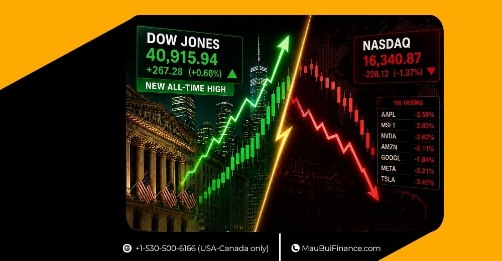 DOW JONES LẬP ĐỈNH MỚI, NASDAQ GIẢM KHI NHÓM CÔNG NGHỆ CHỊU ÁP LỰC